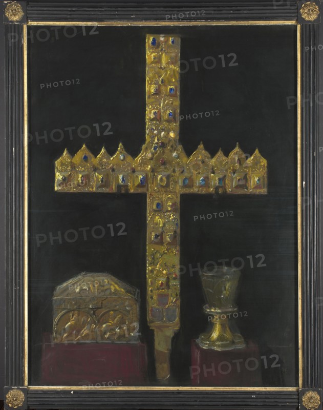 A cross made of princely diadems, a box called the Saracen-Sicilian box and the so-called glass of Saint Jadwiga of Silesia; Wyczólkowski, Leon 1852–1936 painter/author; Casimir IV Jagiellon king of Poland; 1427–1492; Romanesque architecture craft; artistic craftsmanship; goldsmithery; Jadwiga of Silesia Saint; 1174–1243; crosses; ciboria; Polish pastels; Polish culture; Gothic craft; Young Poland style; coats of arms: Pólkozic, White Eagle; 1907, Kraków; pastel; height 106 cm, width 79 cm, A dark background fills the image with a large ornate cross centered, rendered in gold with a textured surface and small colored accents of blue and red; the cross has a vertical shaft and a horizontal arm with a row of pointed decorative shapes along its top edge. Below the horizontal arm, left of the vertical shaft, sits a gold-toned ornate box with rounded relief patterns, placed on a dark red base, and to the right of the shaft there is a gold goblet with a flared rim and a rounded base also res...