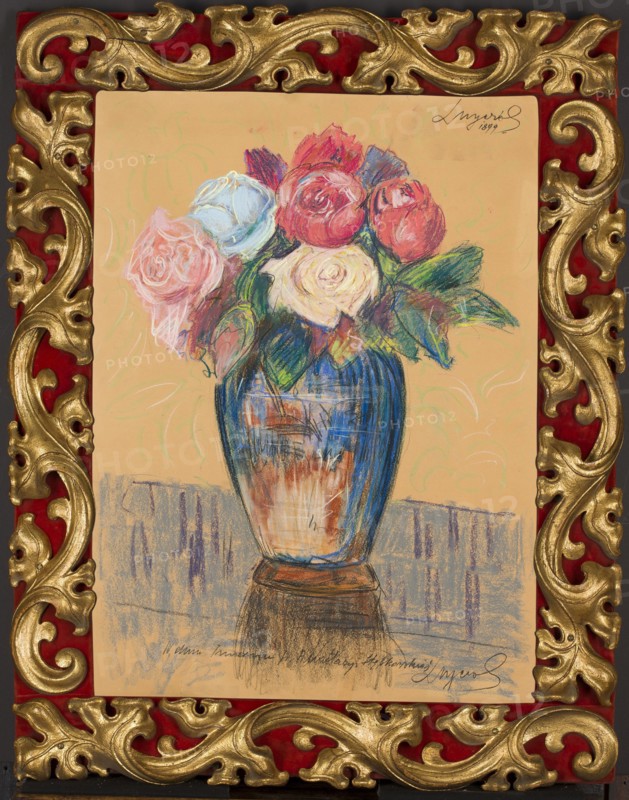 Roses in a Sapphire Vase, attributed to unknown artist Leon Wyczólkowski forgery; pastel; still life of flowers; height 66.9 cm, width 49.4 cm; pastel medium; forgeries; Polish pastels; dated before 1954; dedication to Anastazja Stepkowska fl. 1899; Poland culture., A framed pastel drawing of a floral arrangement in a vase centered on a warm beige background, showing a group of roses in shades of red, pink, white, and pale blue with green leaves, placed in a tall vase rendered with blue and brown strokes sitting on a surface suggested by bluish-gray and brown shading; the ornate frame around the drawing features carved swirling patterns painted gold against a deep red backing.
