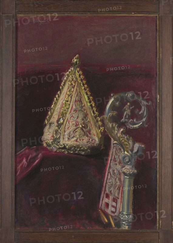 Bishop Strzempinski’s mitre and bishop Gembicki’s crosier, Wyczólkowski, Leon 1852–1936 painter, goldsmithery, crosier, Strzepinski, Tomasz 1398–1460, Gembicki, Piotr bishop; 1585–1657, gothic crafts, baroque crafts, Polish pastels, Polish culture, The Wawel Treasury 1907, Polish painting, artistic craftsmanship, mitres, Young Poland style, Peter the Apostle St.; ?–ca. 64, 1907, Kraków, pastel, height 88 cm, width 60 cm, A framed painting showing a richly decorated triangular object with ornate gold and red detailing resting on a dark red surface, accompanied by an elaborately carved metallic or gilded curved handle or staff piece with scrolling motifs and decorative accents; the background and surrounding fabric are deep burgundy and dark maroon with hints of black, and the decorative elements show highlights of gold, pale yellow, muted green, and touches of blue and gray.