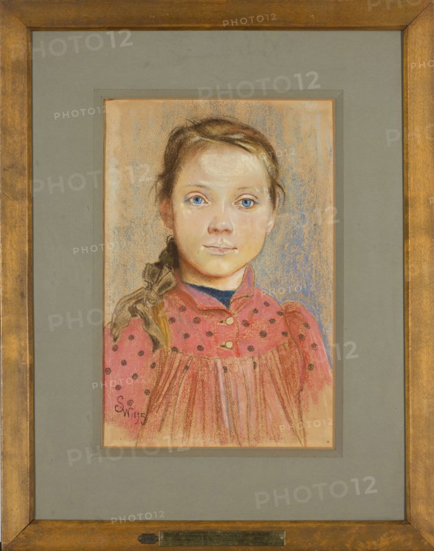 Girl in a red polka-dot dress, Wyspianski, Stanislaw 1869–1907 painter, portraits of children, restitution provenance, 1895, pastel, height 44 cm, width 29 cm, A framed portrait of a young girl rendered in pastel tones, showing her from the chest up against a softly textured background; she has light brown hair pulled into a loose braid over one shoulder with a few wispy strands framing her face, pale skin, and striking blue eyes, and she wears a high-collared garment in shades of pink and red with darker circular dots and rounded buttons, with a darker garment visible at the neckline; the portrait is mounted on a muted gray mat and enclosed in a warm brown wooden frame with a narrow inner trim.