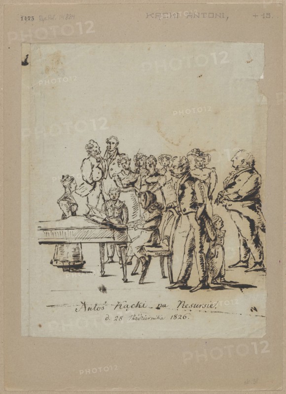 Antos Kacki Katski at the Resursa; unknown creator illustrator; subject: music—Antoni Katski 1817–1899 iconography; pianos musical instruments; Léopold Méyet 1850–1912;, musical instruments; games genre scenes; filigrees; concerts; Resursa Kupiecka Warsaw; child prodigies; pianists; title: Piano Concerto by Antoni Katski the day after his 9th birthday, 1826, Warsaw; drawing; height 26.6 cm, width 42.2 cm., A sepia-toned drawing shows a group of people gathered around a table and a seated figure at the table. The scene is rendered in dark ink lines on aged, off-white paper with visible foxing and a slightly darker border around the sheet. Several standing figures form a loose semicircle, including men in long coats and women in dresses and bonnets, with one larger, heavier-set man standing apart on the right. A seated person at the table appears to be reading or writing, while another seated figure faces them at the far left. Chairs with curved backs and a rectangular table with slender...