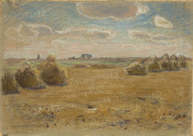 Summer Landscape Field with Sheaves of Grain, Jan Stanislawski 1860–1907. Pastel on grey paper glued to cardboard, 24.6 x 35.1 cm. Signed lower left in pencil: JAN STANISLAWSKI. Probably painted during one of the artist's trips to Ukraine, ca. 1903–1905. The composition shows an expansive view with haystacks in the middle ground, opening onto a distant horizon with the silhouette of trees and a windmill. Billowy clouds float in the sky, illuminated from above and dark from below. The artist drew the pastel pencil with a sharp tip, applied strokes sideways, and rubbed areas with his hand or a broomstick; the direction of the drawing lines establishes perspective. The stubble and distant fields are defined by parallel horizontal pastel lines that, together with color, build depth. Colorful layers of pastel have been partially rubbed out clouds, haystacks, parts of the foreground and horizon. Final retouching consists of sharp, quick strokes of orange, ochre, and white especially in the f...