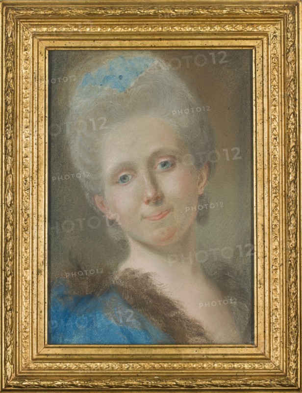 Portrait of Johanna Juliana Frederica née Richter Bacciarelli; artist: Marteau, Louis François ca. 1715–1804 pastelist?; date: after 1770; medium: pastel on paper/drawing; dimensions: height 38 cm, width 26.5 cm; subject: Frederica Bacciarelli née Richter, 1733–1811; iconography: female portrait in 18th-century costume; notes: new attribution; related person: Choiseul-Gouffier, Alix de, Countess Janzten 1832–1915., A framed portrait of a woman shown from the shoulders up, with pale skin and light gray hair styled high and adorned with a faint blue accent, wearing a blue garment with a dark brown fur trim; her expression is gentle with slightly upturned lips and light-colored eyes, and the background is a muted gradient of gray and brown.