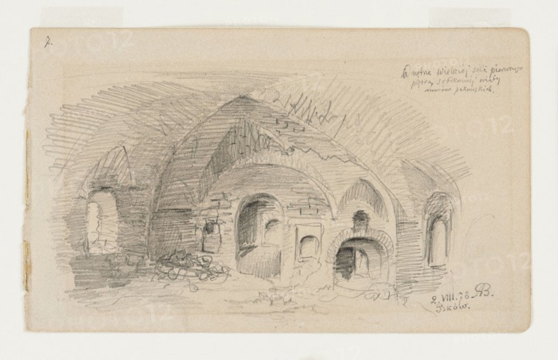 Interior of the Great Hall in Pskov Castle, by Anna Bilinska-Bohdanowiczowa 1854–1893, draughtsman; subject: castles, interiors; place: Pskov Russia; date: 1878; medium: drawing; dimensions: height 11.3 cm, width 18.8 cm; style/notes: ruins, Polish drawings., A pencil sketch on beige paper showing an interior with vaulted arches and several arched openings, including recessed niches and an arched doorway; the drawing features rough shading and crosshatching to define curved ceilings, brick or stone textures, and shadowed recesses, with a loosely sketched pile of irregular objects on the floor. The visible colors are beige of the paper and gray of the pencil marks.