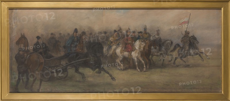 Study for the painting Our Battle Painters, Czeslaw Tanski 1862–1942. Pastel, before 1927, 76 × 180 cm. Pastel depicts Polish battle painters, including Aleksander Orlowski, January Suchodolski, Piotr Michalowski, Juliusz Kossak, Józef Brandt, Maksymilian Gierymski, Józef Chelmonski, Alfred Wierusz Kowalski, Wojciech Kossak, and Czeslaw Tanski himself — a painter and designer of flying vehicles and a pioneer of Polish aviation. The artist depicts painters of battle scenes from various generations, dressed in costumes characteristic of the heroes of their paintings: Orlowski in the costume of an Eastern horseman; Gierymski in a Rococo hunting-style costume; Brandt in attire evoking a Cossack of the Ukrainian steppes; Suchodolski and Michalowski in Napoleonic-era uniforms. Tanski portrays himself on the left side of the composition, as if observing the cavalcade, separated from the riders by the silhouette of a horse. Subjects: painters, group portrait, equestrian figures, horses, banner...