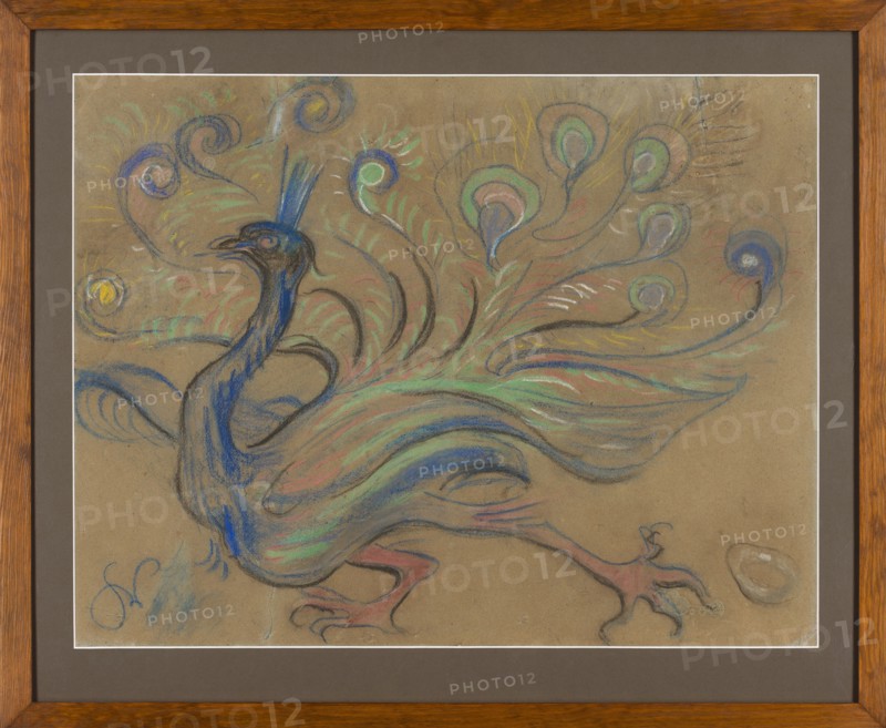 Peacock, Wyspianski, Stanislaw 1869–1907 painter / author, peacocks, decoration designs, Kraków, ca. 1898, pastel, height 47 cm, width 61.2 cm, symbolism style, social satire, artistic cafés, Poland, Polish drawings, A stylized bird with a long neck and crest is drawn in flowing pastel strokes on a brown paper background, framed by a wooden frame and a gray mat; the bird's body and feathers are rendered in blue, green, pink, and hints of yellow and white, with sweeping tail plumes that end in rounded eye-like shapes showing blue, green, and pink tones; the head and neck are darker blue with a visible eye and a curved beak, the legs and feet are pinkish with darker outlines, and there is a small rounded object near the lower edge in muted brown and white.