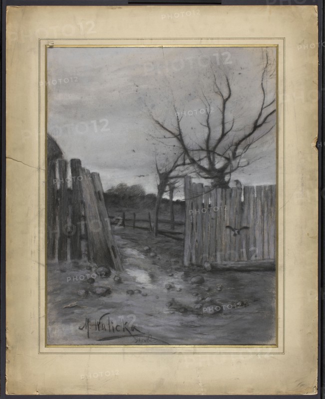 From Cloudy Autumn Days, Walicka, Maria fl. 1898 painter, autumn landscapes, Czarnocki, T. Warsaw - setting, autumn, landscapes, Poland culture, Polish drawings, 1898, drawing, A grayscale scene shows a muddy path strewn with scattered stones leading between two weathered wooden fences, with a tilted gateboard on one side and a taller fence panel on the other; leafless trees with gnarled branches rise behind the fences against a cloudy sky, and a fence post and distant hedgerow are visible further back, all rendered in shades of gray, black, and muted white with subtle variations in tone.