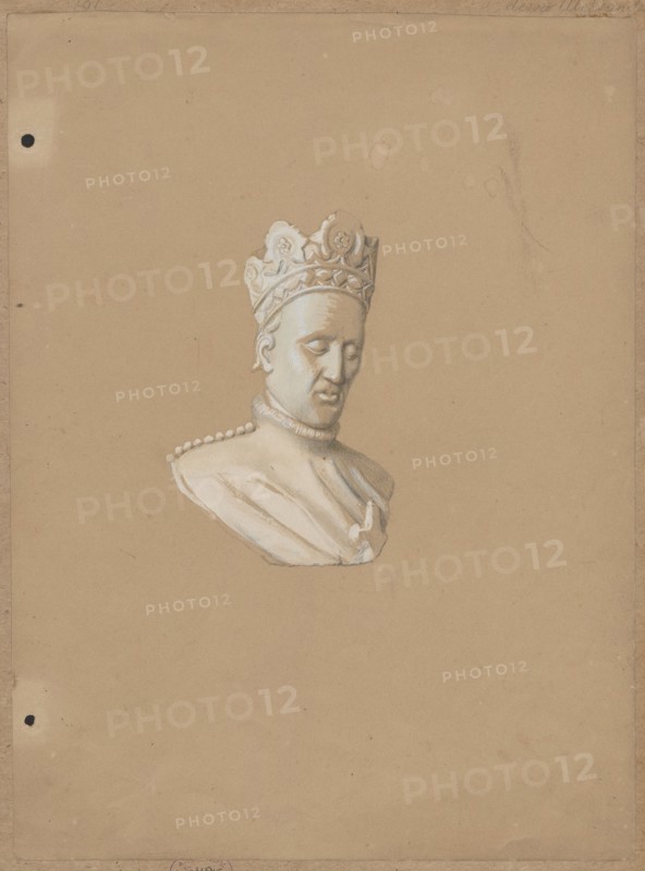 Head of the figure of King Wladyslaw Jagiello from his tombstone in Wawel Cathedral in Kraków; details, figures, Gothic style; heads; tombs; tomb figures; Wladyslaw Jagiello King of Poland; ca. 1351–1434 — iconography; Wawel Cathedral Kraków furnishings; kings; tombstones; personages; Kraków Lesser Poland Voivodeship; sculpture artist; tombstone of Wladyslaw Jagiello Kraków; Wawel; 15th century. Drawing on cardboard, glued to another cardboard by the upper edge. Drawing: height 31.9 cm, width 23.4 cm; cardboard: height 34.7 cm, width 25.2 cm. 1830–1884. Made by Aleksander Lesser 1814–1884., A drawing of a sculpted bust of a crowned figure centered on a plain tan background, showing a head with closed or lowered eyes, a detailed ornate crown with floral motifs, stylized hair at the temples, a high collar and draped garment with a row of rounded beads along one shoulder; the bust is rendered in white and light gray highlights with subtle shadowing, set against a broad expanse of light br...