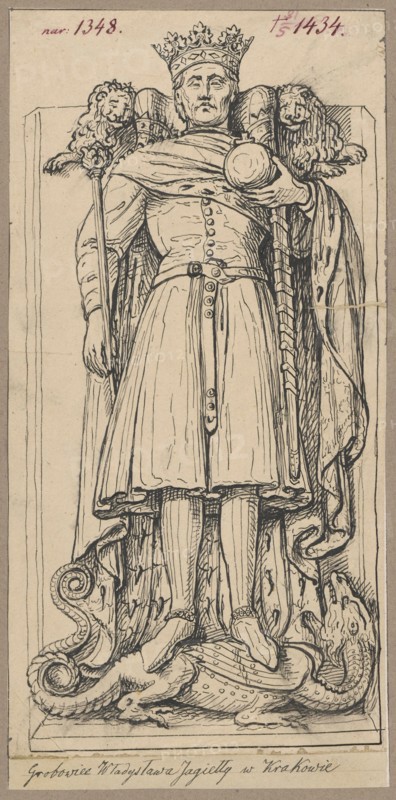Figure of King Wladyslaw Jagiello from his tombstone in Wawel Cathedral in Kraków; Gothic tomb figure; tombstone of Wladyslaw Jagiello Wawel, Kraków; Wladyslaw Jagiello King of Poland, ca. 1351–1434 — personage and iconography; sculpture, 15th century. Drawing on tracing paper glued over paper of similar dimensions, which is glued by the upper edge to cardboard. Drawn by Aleksander Lesser 1814–1884, 1830–1884. Drawing: height 24.7 cm, width 12.1 cm; cardboard: height 35.8 cm, width 25.8 cm. Kraków probable place of origin., A black ink line drawing on a light beige background shows a full-length figure of a crowned man standing on a carved base; he wears a long robe with buttons down the front, a belt, and a draped cloak, and he holds a spherical object in one hand and a staff in the other. The crown has decorative points, and there are sculpted lion heads near the shoulders; the figure’s face has closed or downcast eyes and a neutral expression. The base beneath the figure features ca...