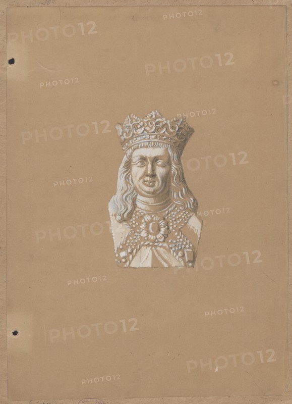 Head of the figure of King Jan Olbracht from his tombstone in Wawel Cathedral in Kraków, drawing on cardboard, glued to another cardboard by the upper edge; draughtsman Aleksander Lesser 1814–1884; depiction of King Jan Olbracht 1459–1501 — iconography, details, figure from Gothic tomb sculpture; tombstone of Jan Olbracht Wawel Cathedral, Kraków, tomb figures, heads; 16th century sculpture, rulers; drawing, 1830–1884; drawing: height 31.4 cm, width 22.8 cm; cardboard: height 34.7 cm, width 25.0 cm., A carved bust of a crowned figure is centered on a plain tan background; the bust is rendered in white and light gray tones with detailed wavy hair, a decorative crown, and elaborate jeweled clothing featuring a central floral medallion and textured ornamentation. The surrounding paper is a uniform tan with a slightly darker tan border and a few small dark spots and blemishes near the edges.