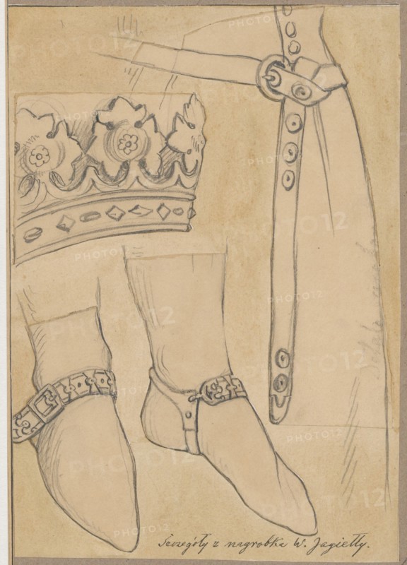Details of the tombstone of King Wladyslaw Jagiello in Wawel Cathedral in Kraków, draughtsman Aleksander Lesser 1814–1884, details, Gothic style, tombs, kings, personages, tombstones, Wawel Cathedral Kraków fittings, Wladyslaw Jagiello King of Poland; ca. 1351–1434, Kraków Lesser Poland Voivodeship, tombstone of Wladyslaw Jagiello Kraków; Wawel, sculpture artist, Wladyslaw Jagiello — iconography, 15th century, crowns, shoes, Polish personalities, figures, belts, rulers, tombstone figures, Wawel Kraków, Archcathedral Basilica of St. Stanislaus and St. Wenceslaus Kraków; Wawel, drawing glued over entire surface onto a sheet of paper which is glued by the upper edge onto a common cardboard, 1830–1884, Kraków probably, drawing; card: height 19.3 cm, width 13.9 cm; cardboard: height 35.5 cm, width 25.8 cm., A pencil sketch on beige paper showing a crown with floral motifs and decorative band, a pair of pointed shoes with ankle straps and ornamental buckles, and a long strap with round studs...