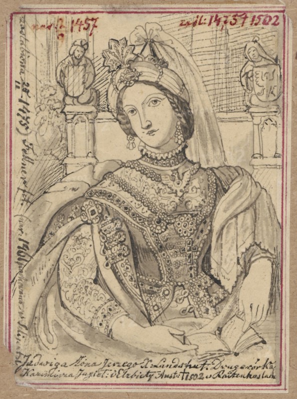 Portrait of Princess Jadwiga Jagiellon with a bird in her hand, after an engraving by Fellner from the German Almanac; draughtsman: Alexander Lesser 1814–1884. Subject: Jadwiga Jagiellon Polish and Lithuanian princess; 1457–1502. Iconography: queens, women's portrait, copies from engravings; graphic art, German graphic art. Drawing on tracing paper glued across its entire surface to paper of similar dimensions, which is glued with the upper edge to cardboard. ca. 1850. Drawing tracing. Card: height 12.3 cm, width 9.0 cm; cardboard: height 34.7 cm, width 24.8 cm., A seated woman wearing an ornate headdress with a decorative floral ornament and a veil is shown in a detailed monochrome drawing; she has a calm facial expression and wears drop earrings, a choker and layered necklaces, and a richly patterned, embroidered gown with intricate lace and jewelry-like embellishments on the bodice and sleeves, while one hand rests on an open book and the other lies across her lap; the background sh...