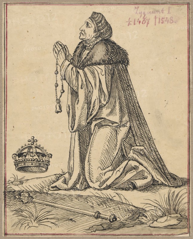 Portrait of the praying King Sigismund I the Old; drawing on tracing paper, full surface, glued along the upper edge to cardboard; 1830–1884; draughtsman: Alexander Lesser 1814–1884; subject: Sigismund the Old King of Poland, 1467–1548 — male portrait, praying, profile composition; medium: drawing on paper mounted on cardboard; dimensions: card height 19.4 cm, width 15.7 cm; cardboard: height 35.7 cm, width 26.1 cm., An ink drawing of a robed figure kneeling on a grassy ground, wearing a fur-trimmed cloak and a patterned cap, hands held together in front of the face while holding a string of beads with a tassel; nearby on the ground is a decorative crown and a long ornate staff lying across the grass; the scene is rendered in black ink lines on a beige paper with a thin double-line rectangular border in red and black.