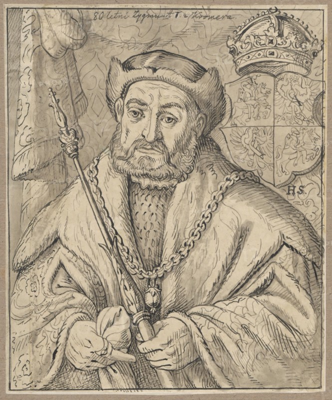 Portrait of King Sigismund I the Old at the age of 80, by Alexander Lesser 1814–1884, drawing, tracing; drawing glued on tracing paper covering the entire surface on paper of similar dimensions, which is glued with the upper edge to cardboard; card: height 20.8 cm, width 17.3 cm; cardboard: height 35.5 cm, width 26.0 cm; 1830–1884; subject: Sigismund the Old King of Poland; 1467–1548, male portrait, 16th-century ruler iconography; copies from engravings ., A monochrome ink and wash portrait of an older man shown from the waist up wearing a fur-trimmed hat and a heavy fur-lined robe with a patterned inner garment, holding a scepter and an orb in his hands; he has a beard and mustache, a solemn facial expression with detailed eyes and furrowed features, and a chain with a medallion around his neck. The background shows a decorative heraldic panel with a crowned coat of arms and ornamental patterns, and the overall palette consists of shades of brown, tan, beige, black ink lines, and gray...