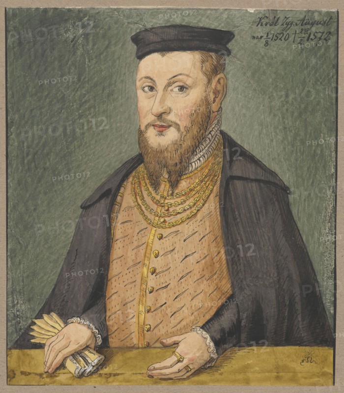 Half-length portrait of King Sigismund II Augustus, after a painting by Lucas Cranach the Younger Lucas Cranach the Younger, 1515–1586, author of the original. Drawing on tracing paper glued over paper of similar dimensions, with the upper edge glued to cardboard; watercolor and drawing. 19th century circa 1830–1884. Subject: Sigismund II Augustus King of Poland, 1520–1572 — iconography, male portrait, portrait of a ruler. Media: drawing, watercolor. Dimensions: plate/card — height 20.7 cm, width 17.9 cm; mounted on cardboard — height 35.8 cm, width 25.8 cm. Maker copy/draughtsman: Aleksander Lesser 1814–1884., A painted portrait of a man shown from the waist up wearing a dark cap and a dark cloak over a tan patterned vest; he has a short brown beard and mustache, light skin, and light-colored eyes with a neutral expression. He wears several layered gold necklaces and a high, ruffled collar, and his hands rest on a flat surface with one hand holding a folded fan and the other showing t...