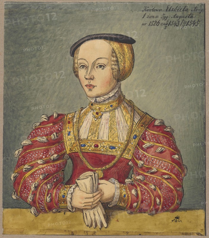 Portrait of Queen Elizabeth of Austria, after a painting by Lucas Cranach the Younger; co-author Lucas Cranach the Younger 1515–1586; younger painter, draughtsman Alexander Lesser 1814–1884 author. Subject: Elizabeth of Austria Queen of Poland; 1526–1545. 16th century Polish portrait in the style of German painting; portrait of a woman. Medium and support: drawing on tracing paper glued over paper of similar dimensions, which is glued by the upper edge to cardboard; watercolor. Date: 1830–1884. Dimensions: card: height 20.8 cm, width 18.2 cm; cardboard: height 35.6 cm, width 25.9 cm., A portrait of a person shown from the waist up against a muted green background, wearing a richly decorated outfit with a red bodice and large puffed red sleeves adorned with white tufted details and gold trim, a high ornate gold collar with blue and red gem-like decorations, and a patterned gold head covering topped by a small dark cap; the person has a pale complexion, light brown hair visible at the te...
