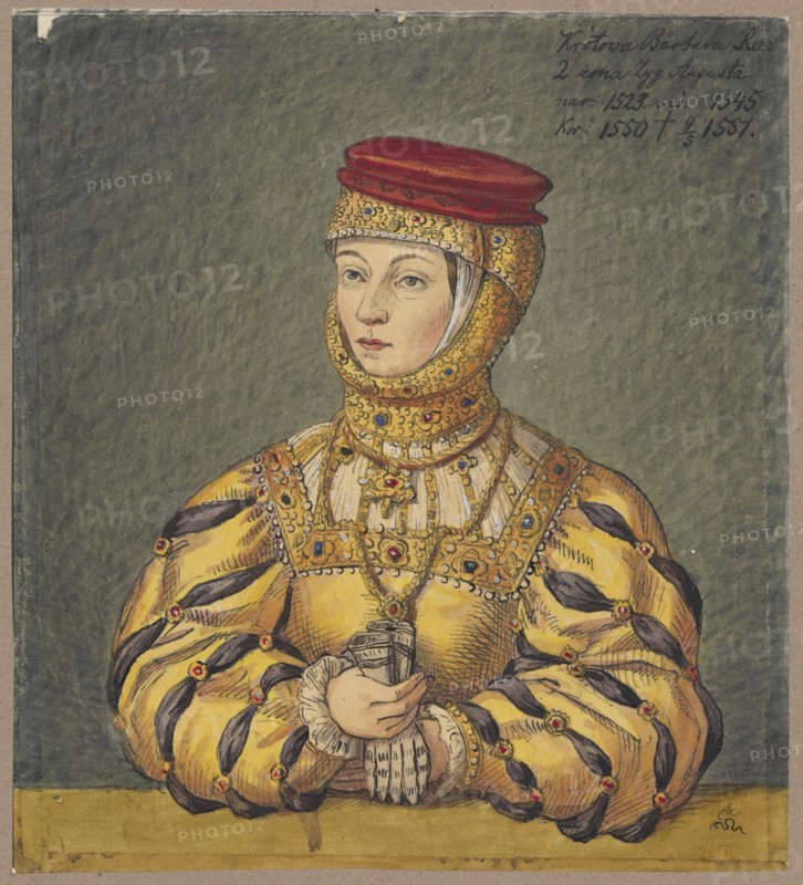 Portrait of Queen Barbara Radziwillówna, after a painting by Lucas Cranach the Younger; draughtsman Aleksander Lesser 1814–1884 author, Lucas Cranach the Younger 1515–1586 co-author. Subject: Barbara Radziwillówna Queen of Poland; 1520–1551 — iconography of Poland, queens, personages, portraits, women's portraits, 16th century. Medium and support: drawing, watercolor; tracing paper glued across its entire surface to paper of similar dimensions, which is glued by the upper edge to cardboard. Date: 1830–1884. Dimensions: card: 20.7 × 18.7 cm; cardboard: 35.8 × 25.8 cm., A painted portrait of a woman shown from the torso up against a muted gray-green background, wearing an ornate golden headdress that covers her neck and frames her face and topped with a flat red cap; her face is pale with light brown hair peeking at the temples and a neutral expression. She wears a richly decorated golden garment with puffed sleeves featuring dark blue or black slashes and small red jewel-like accents, a...