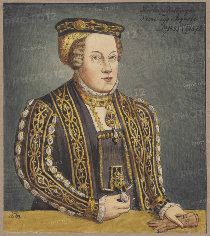 Portrait of Queen Catherine of Austria, after a painting by Lucas Cranach the Younger; original by Lucas Cranach the Younger 1515–1586 painter, drawing by Alexander Lesser 1814–1884 draughtsman. Subject: Catherine of Austria Queen of Poland; 1533–1572 — iconography: painting, queens, portraits of women. Medium and support: drawing, watercolor on tracing paper glued across its entire surface to paper of similar dimensions, which is glued with the upper edge to cardboard. Date: 1830–1884. Dimensions: card — height 20.7 cm, width 18.2 cm; cardboard — height 35.7 cm, width 25.9 cm. Style/region: German painting; Poland; 16th century after., A portrait of a person shown from the waist up against a muted gray-green background, wearing a richly decorated dark garment with extensive gold embroidery and white puffed decorations along the sleeves; the person has a pale complexion, short curled brown hair, and a neutral facial expression; they wear a gold and black hat with patterned detailing, a...