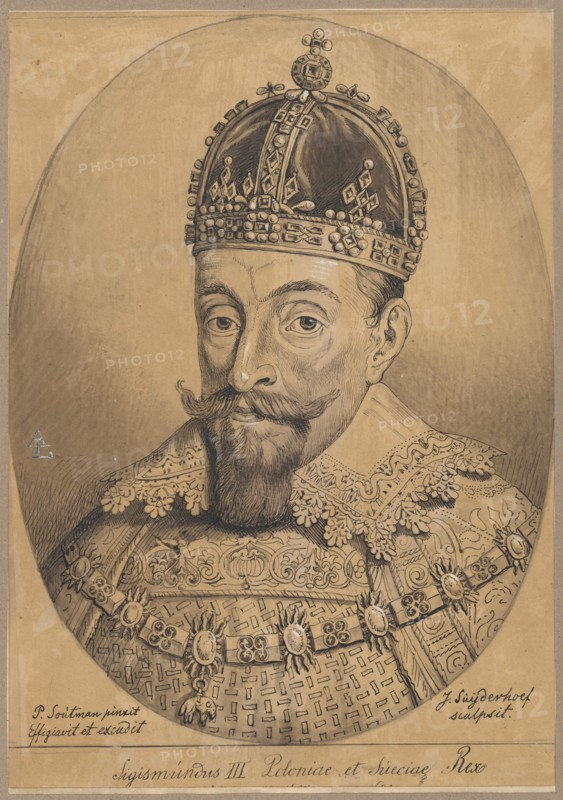 Oval portrait of King Sigismund III Vasa, after the engraving Sigismundus III Poloniae et Sueciae Rex Serenissimus et Potentissimus by Pieter Soutman and Jonas Suyderhoef. Jonas Suyderhoef ca. 1613–1686, engraver co-author of the original; Pieter Claesz. Soutman ca. 1580–1657, draughtsman co-creator of the original; Aleksander Lesser 1814–1884, draughtsman/author. Subject: Sigismund III Vasa 1566–1632 — iconography, male portrait, portrait of a ruler; copy from an engraving. Medium and support: drawing on tracing paper glued across its entire surface onto a cardboard of similar dimensions, glued onto a slightly larger cardboard, which is glued with its upper edge onto another cardboard. Date: 1830–1884. Technique/type: drawing, tracing. Dimensions: drawing/tracing height 28.1 cm, width 19.7 cm; support height 28.3 cm, width 19.7 cm; cardboard height 35.7 cm, width 25.8 cm., A sepia-toned portrait of a man shown from the chest up wearing an ornate crown and richly decorated ceremonial g...