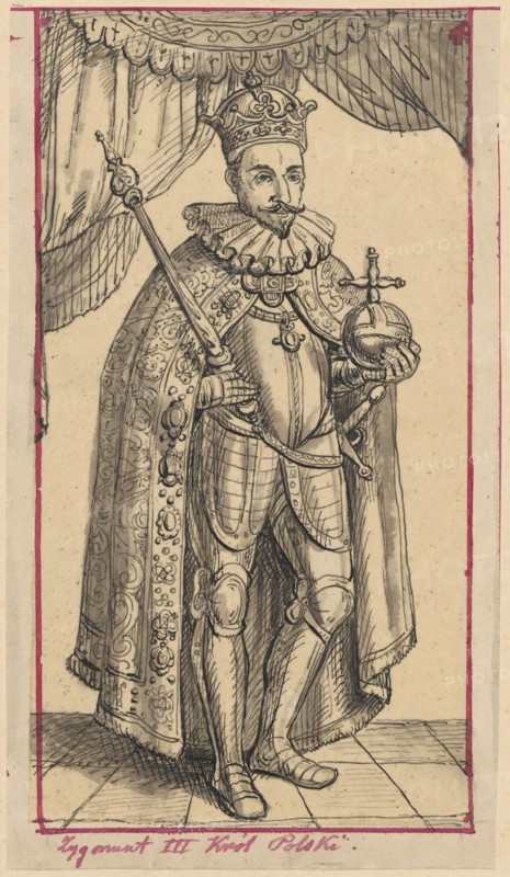 Portrait of King Sigismund III Vasa in a crown, mantle and with royal insignia; drawn by Aleksander Lesser 1814–1884. Depicts Sigismund III Vasa King of Poland; 1566–1632 — iconography: kings, portraits of rulers, male portrait. Drawing on tracing paper, glued with the entire surface to paper of similar dimensions, which is glued by the upper edge to cardboard. Dated 1830–1884. Drawing tracing: height 16.1 cm, width 8.6 cm; support: height 16.8 cm, width 9.4 cm; cardboard: height 35.8 cm, width 25.9 cm., A standing figure dressed in ornate royal garments and armor is shown in a tall portrait orientation. The figure wears a decorated crown and a ruffled collar, and a long patterned cloak drapes over the shoulders down to the floor. The figure holds a long scepter in one hand and a round orb with a cross in the other. The armor includes a breastplate, gauntlets, thigh and knee guards, and greaves, with visible decorative detailing. The face has a moustache and goatee, and the head is til...