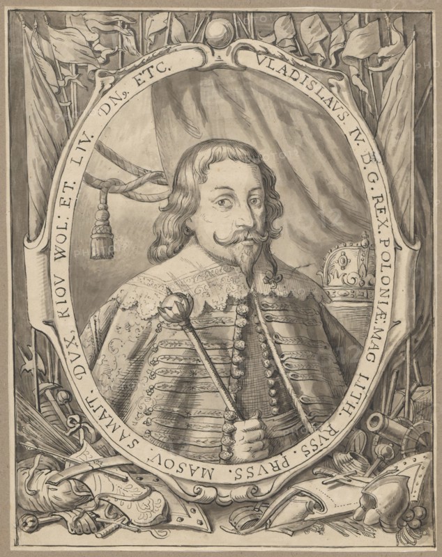 Oval portrait of King Wladyslaw IV Vasa, after an engraving, Aleksander Lesser 1814–1884 draughtsman/author; graphic art; English graphic art; Wladyslaw IV Vasa King of Poland; 1595–1648 — iconography; copies from engravings; portraits, male portraits, portraits of rulers; 17th century; Emilian Lesser 1848–1912; drawing on tracing paper glued across its entire surface to paper of similar dimensions, which is glued with its upper edge to cardboard; 1830–1884; drawing, tracing; card: height 24.3 cm, width 19.1 cm; cardboard: height 35.7 cm, width 25.8 cm., A monochrome portrait drawing shows a man with shoulder-length wavy hair, a mustache, and a pointed beard, wearing an ornate military-style coat with decorative braiding and buttons; he holds a scepter-like staff in one hand. He is framed by an oval cartouche with ornamental scrollwork, tasseled drapery, and flags behind him. Surrounding the lower edge of the frame are a group of armor pieces and weapons, including a helmet, gauntlets,...