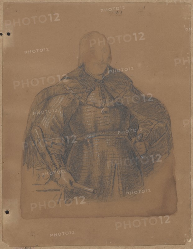 Portrait of John Casimir in armor, half-length; verso: sketches of a hand holding a shaft. Jan Kazimierz King of Poland; 1609–1672 — iconography; portraits of rulers; male portrait; sketches; portraits; hands. Drawing on cardboard glued by the side edge to another cardboard. Drawing, 1830–1884. Height 29.8 cm, width 23.2 cm; cardboard: height 34.6 cm, width 25.2 cm. Creator: Lesser, Aleksander 1814–1884 draughtsman., A roughly sketched portrait of a person wearing ornate, textured clothing and a heavy cloak, drawn on brown paper with visible pencil and charcoal strokes; the figure has shoulder-length hair and a neutral expression, with one hand resting on the hip and the other holding a cylindrical object near a table edge where a rounded item sits; tones in the image include brown of the paper, dark gray and black of the sketch lines, and lighter gray highlights.