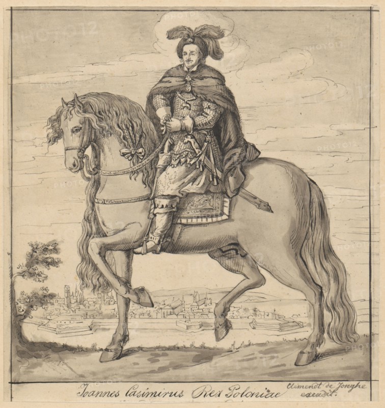 Portrait of John Casimir in armor and on horseback after an engraving by Clement de Jonghe; drawing on tracing paper glued across the entire surface to paper of similar dimensions, which is glued with the upper edge to cardboard. Maker: Lesser, Alexander 1814–1884 draughtsman; original engraving by Jonghe, Clement de 1624/1625–1679 engraver. Subject: John Casimir King of Poland; 1609–1672 — equestrian portrait, male portrait, portrait of a ruler; 17th-century iconography, copy from an engraving; Dutch graphic-art influence. Medium/type: drawing, tracing; card: 17.6 × 16.8 cm; cardboard: 35.7 × 26.0 cm. Date: 1830–1884., A monochrome drawing shows a man in ornate armor and a flowing cape seated on a large horse; the man wears a feathered hat and holds the reins with both hands, and his expression is neutral. The horse has a long mane and tail, a decorative bridle and saddle, and one front leg raised in a prancing pose. The scene includes a distant townscape with clustered buildings and ...