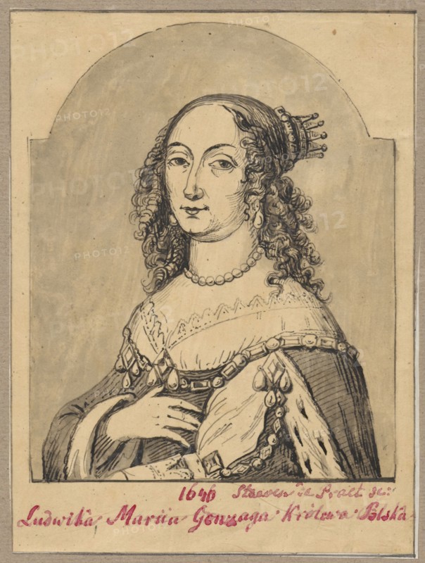 Portrait of Louise Maria Gonzaga after an engraving by Steven de Praet, engraving by Steven de Praet fl. ca. 1601–ca. 1650 graphic artist; Aleksander Lesser 1814–1884 graphic artist, copy after engraving; Louise Maria Gonzaga Queen of Poland; 1611–1677 — iconography; queens; portraits; female portraits; personages; copies; 17th century; French prints; copies from engravings. Drawing on tracing paper glued across its entire surface to paper of similar dimensions, which is glued with its upper edge to cardboard. Date: 1830–1884. Medium/type: drawing, tracing, card. Dimensions: drawing — height 13.9 cm, width 10.4 cm; cardboard — height 35.6 cm, width 25.7 cm. Unknown place of origin., A sepia-toned ink drawing shows a woman from the chest up inside an arched frame, wearing a beaded necklace and a decorative gown with ornate trim and fur-lined sleeves. Her hair is long, curly, and dark, pulled back at the top with a small crown-like headpiece. Her face has a calm expression with arched ey...