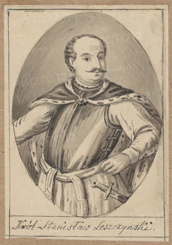 Oval portrait of Stanislaw Leszczynski by Aleksander Lesser 1814–1884, 1830–1884. Drawing on tracing paper pasted with its entire surface onto paper of similar dimensions, which was glued at the top edge onto cardboard. Card: 11.9 × 8.3 cm; cardboard: 34.3 × 24.8 cm. Subject: Stanislaw Leszczynski King of Poland, 1677–1766. Genres/keywords: portrait, male portrait, portrait of a ruler, drawing, iconography., A drawing of a man shown from the waist up inside an oval frame, rendered in shades of gray, black, and off-white; he has short curly hair and a mustache and wears a layered outfit with a cloak draped over his shoulders that has a fur-trimmed edge, a rounded neckpiece, and a belted tunic with a sash tied at the waist; one hand rests on the sash near a sheathed short sword at his side, and the other arm is slightly extended; the background inside the oval is a darker gray while the surrounding border and outer area are off-white and light brown.