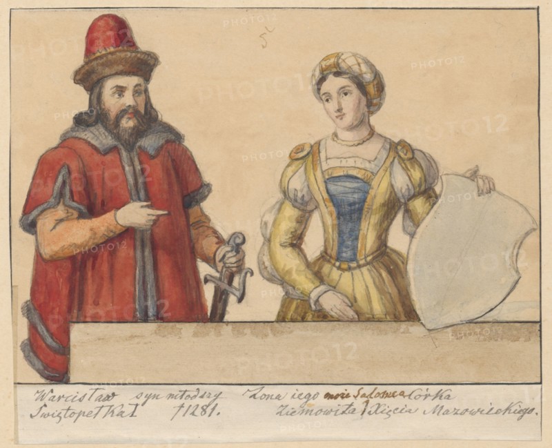 The Pomeranian Duke Warcislaw II of Gdansk with his wife Salomea, according to the genealogy of the Pomeranian Dukes, painted around 1593. Drawing, 1854. Subject: Warcislaw II of Gdansk ca. 1237–1271 and Salomea daughter of Ziemowit, Duke of Masovia. Copy from a painting; portraits, princes, German painting, 12th century iconographic reference. Drawing glued across the entire surface onto paper of similar dimensions, which is glued with the upper edge onto cardboard. Dimensions: drawing height 11.8 cm, width 16.5 cm; backing height 13.4 cm, width 16.5 cm; cardboard height 35.8 cm, width 25.8 cm. Creator draughtsman: Alexander Lesser Aleksander Lesser 1814–1884., A watercolor illustration shows a bearded man and a woman standing behind a low wall. The man wears a red cloak with gray fur trim, a red hat with a brown fur band, and holds a sword while pointing with his other hand; his hair and beard are dark brown and his skin is light. The woman wears a yellow gown with puffed sleeves and...