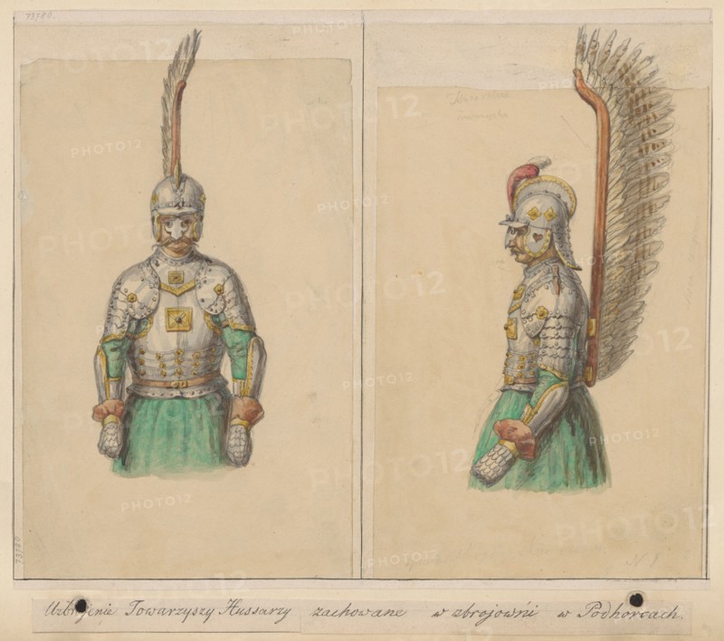 Armours of the Hussar Companions Preserved in the Pidhirtsi Armoury - front and side views; Aleksander Lesser 1814–1884, illustrator; hussars; militaria; craft; Pidhirtsi Podhorce, Castle; knights' armour; Drawings glued over entire surface onto paper, paper glued by upper edge onto cardboard; drawing on card, 1830–1884; drawing: 22.6 × 27.3 cm; cardboard: 25.9 × 35.8 cm., The image shows a split composition with two hand-colored drawings of an armored cavalryman wearing a helmet with a tall feathered plume and ornate plate armor, seen frontally on the left and in profile on the right; the figure wears a green skirt-like garment and padded red-brown gloves, and a tall vertical wooden shaft with many feathers is attached to the back in the profile view; the armor is rendered in shades of gray and metallic tones with gold accents, and the background is a warm beige paper with faint border lines.