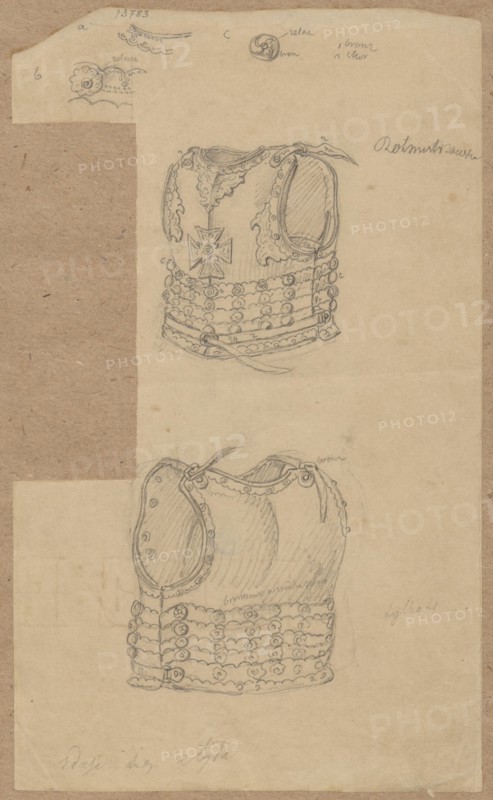 Hussar cavalry captain's armor, front and back view; drawn by Aleksander Lesser 1814–1884; pen/ink and wash on paper, glued at the upper edge to brown cardboard; drawing height 21.3 cm, width 12.8 cm; cardboard height 34.7 cm, width 24.8 cm; dated 1830–1884; depiction includes hussar militaria and knightly armor., A tall vertical sheet of aged beige paper with a darker brown textured border on the left side contains two pencil sketches of decorative chest armor one above the other. The upper armor drawing shows ornate curved shoulder pieces a scalloped neckline a central decorative cross-shaped emblem and layered horizontal bands with circular rivet-like details; fine pencil shading indicates contours and some small looping decorative flourishes. The lower armor sketch displays similarly shaped shoulder sections scalloped edging layered horizontal bands with circular ornamentation and a tie or strap detail at the top; pencil hatching provides shading and contouring. In the top left cor...
