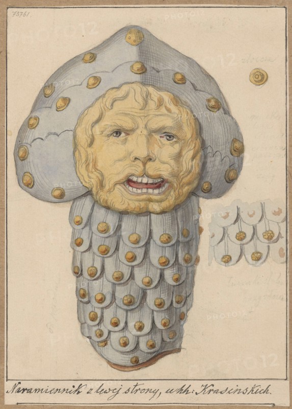 A shoulder pad made of caracal armor, drawing glued across the entire surface onto paper of similar dimensions, which is glued with the upper edge onto brown cardboard; 1853; drawing; card: height 18.8 cm, width 13.4 cm; box: height 35.6 cm, width 50.4 cm., A painted depiction of a sculpted head and neck piece showing a humanlike face with a snarling mouth and visible teeth surrounded by wavy hair in pale yellow tones, set within a large helmet-like hood and a long segmented neck covering rendered in light gray with scalloped edges; the hood and each scallop are decorated with round, raised golden discs, and there is a small separate sketch of a scalloped pattern with golden discs to the side; the background is a plain off-white paper with a thin darker border visible around the image.