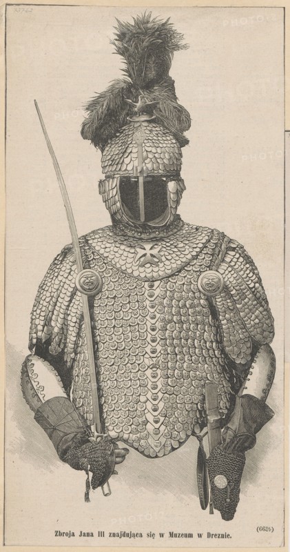 Armor of Jan III; woodcut glued across the entire surface onto paper of similar dimensions, which is glued with the upper edge onto cardboard; press illustration/graphic art; depiction of Jan III Sobieski king of Poland, 1629–1696 — knights' armor/karaceny armor, militaria; artist/engraver: Franciszek Szymanski fl. ca. 1880–1885; date range 1830–1884; polonica/sobiesciana; card: height 25.7 cm, width 13.3 cm; cardboard: height 35.8 cm, width 26.2 cm., A monochrome illustration of an ornate suit of armor displayed from the waist up, featuring a helmet topped with a large plume of feathers, layered scale-like plates covering the helmet, shoulders, and torso, and a decorative collar with a star-shaped motif. The armor includes rounded pauldrons with circular bosses, segmented arm protection, gauntleted hands holding a long, slender weapon on one side and a sheathed object on the other, and a textured surface suggesting overlapping scales and embossed details. The image shows a light backg...