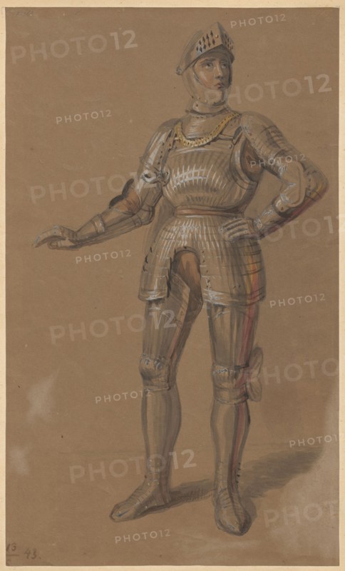 Man in Armour, Aleksander Lesser 1814–1884 draughtsman; subject: militaria/knightly armour; drawing glued to cardboard with the upper edge; 1843; medium: drawing on paper mounted on cardboard; drawing: 30.2 × 18.2 cm; cardboard: 35.9 × 26.1 cm., A standing figure wearing a full suit of armor, including a helmet with a visor, breastplate, pauldrons, gauntlets, tassets, greaves, and sabatons, posed with one hand resting on the hip and the other arm slightly extended; the armor shows highlights and shading with visible brushstrokes. The figure's face is partially visible through the open visor, showing neutral facial features and a short neck covering. The composition uses a muted brown background and paper tone, with the armor rendered in shades of gray and metallic silver with white highlights, and touches of warm brown and reddish-brown on some arm and leg areas, plus small accents of gold near the neckline; shadows beneath the feet are rendered in darker brown.