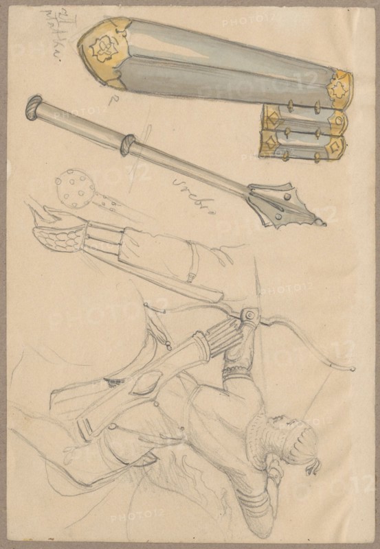 Fragments of armor and a sketch of an archer, 17th century; Aleksander Lesser 1814–1884, illustrator; sketch on paper upper edge glued to gray cardboard, drawing; 1830–1884; drawing: H 14.4 cm × W 20.9 cm; cardboard: H 25.9 cm × W 35.8 cm; subject: militaria, armor, archers, arrows, weapons, melee weapons, knights' armor., A pencil sketch on beige paper shows a reclining figure wearing textured headgear and layered clothing, the figure holding a curved bow and a quiver with arrows at the back; nearby are sketches of a long staff with a decorative flared end, a club with a spiked spherical head, and a group of elongated decorative sheath-like objects with gold-colored end caps; visible colors include beige, gray, black, and gold.