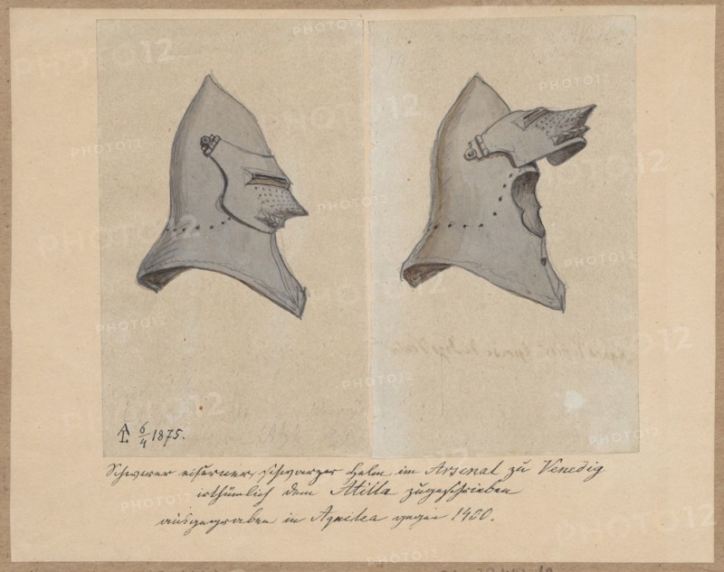 A 14th-century helmet with an open visor; verso: sketches of men's clothing viewed from the hips. Drawing on paper, glued at the top edge to a common cardboard with DI 32444/2 MNW, which is glued at the top edge to a larger brown cardboard. 1875. Drawing: height 12.9 cm, width 8.0 cm; support: height 16.4 cm, width 20.9 cm; cardboard: height 34.8 cm, width 25.1 cm. Creator: Lesser, Aleksander 1814–1884 draughtsman. Subjects/styles: military, clothing, army, men's clothing, armor, military clothing, helmets, knights' armor; technique: drawing. Place: Venice., A drawing of two medieval-style helmets depicted side by side on a beige paper background; both helmets are shown in a three-quarter profile and rendered mostly in gray with darker gray shading and thin black outline details, each helmet featuring a pointed top and a flared neck guard, one helmet on the left showing a closed faceplate with a beak-like projection and dotted texture, the helmet on the right showing an open face area ...