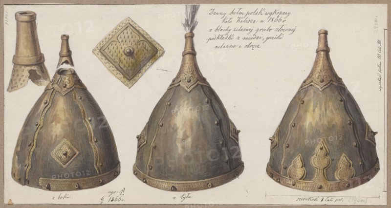 Old Polish helmet excavated near Kalisz in 1866; drawing by Aleksander Lesser 1814–1884. Subject: militaria — army, helmets, armor, knights' armor; archaeological excavation at Kalisz Greater Poland Voivodeship. Media: drawing on paper glued across the entire surface to paper of similar dimensions, which is glued with the upper edge to gray cardboard. Date: 1866. Type: drawing. Dimensions — card: height 15.6 cm, width 29.7 cm; cardboard: height 25.8 cm, width 35.7 cm., The image shows a watercolor illustration of three conical metal helmets displayed side by side with a few detached small metal pieces above the left helmet; the helmets have rounded cone shapes with narrow cylindrical tops and decorative metal edging and rivets. The visible colors include shades of brown, gray, bronze, gold, ochre, and muted green with darker gray shadows and lighter highlights; the metal surfaces show mottled patches of these colors. The helmets feature decorative elements in a gold-bronze tone, a few ...
