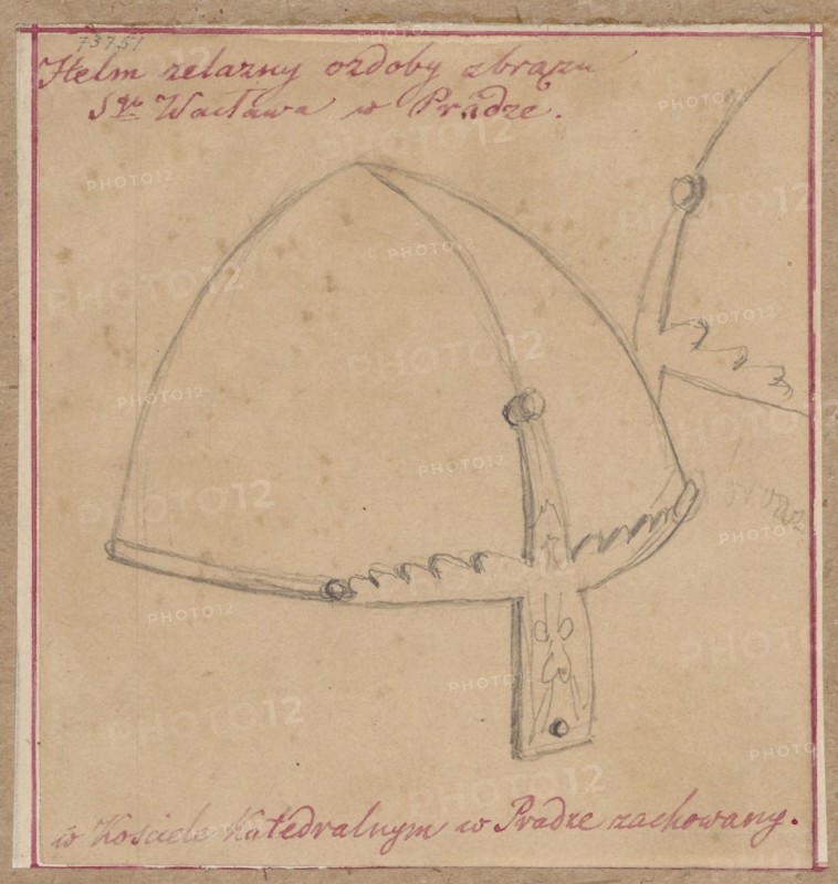 St. Wenceslas's helmet from the cathedral church in Prague, Alexander Lesser 1814–1884 draughtsman / author; ; army, militaria, helmets, armor; Wenceslas I the Saint Prince of Bohemia; ca. 907–929; knights' armor; iconography of Wenceslas I the Saint; St. Wenceslas's Cathedral, Wenceslas and Wojciech Prague. Drawing on paper, glued across the entire surface to a cardboard of similar dimensions, which is glued across the top edge to a larger brown-toned cardboard. Date: 1830–1884. Place: Prague. Medium: drawing, sketch. Dimensions: drawing height 10.7 cm, width 10.0 cm; backing height 11.0 cm, width 10.5 cm; cardboard height 35.3 cm, width 24.9 cm., A pencil sketch on aged beige paper shows a simple helmet with curved dome lines and a narrow rim, attached to a decorated vertical strap with a pointed lower end and a small circular detail; a scalloped ornamental band runs along the rim where the strap meets the helmet, and a partial second strap is visible extending upward and out of fram...