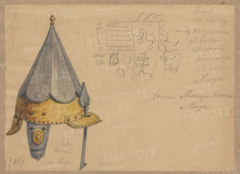 Turkish helmet and shield associated with Maciej Corwin; drawing glued with the upper edge to brown cardboard; 1867; drawing, sketch; height 13.0 cm, width 17.8 cm; cardboard: height 35.7 cm, width 25.9 cm; materials: paper on cardboard; subject: militaria—helmets, shields, coats of arms; armor, Turkish army, knights' armor; Maciej Corwin king of Hungary and Bohemia; 1443–1490 — iconography., A hand-drawn helmet occupies the left side of the image, rendered with a pointed conical top in shades of gray and blue and a lower band and cheek pieces in golden yellow with brown shading and small decorative rivets; a small golden finial sits at the apex and a thin vertical spike extends downward from the front; to the right of the helmet there is a roughly sketched shield outline and faint pencil sketches including organic shapes and flowing lines, all drawn in gray pencil; the background is a warm beige paper with visible subtle stains and uneven coloration, and there is faint cursive pencil ...