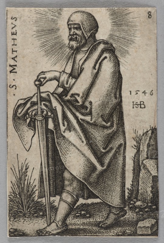 St. Matthew, from the series The Twelve Apostles; Sebald Beham 1500–1550, graphic artist; German, Renaissance; Matthew the Evangelist St.; ?–ca. 60 — iconography; New Testament; saints; apostles; halos; stones; field plants; swords weapons; attributes; religious image; graphic print; 1546 1st edition; height 4.6 cm, width 3.1 cm, A monochrome engraved image of a robed man standing and holding the hilt of a long sword that rests point-down on the ground; he wears a hood and a cloak with heavy folds, has a beard, and a halo-like radiating light behind his head; the ground shows rocks and tufts of grass, and there is a vertical strip of blank space along the left and right edges; the visible colors are black, off-white, and gray.