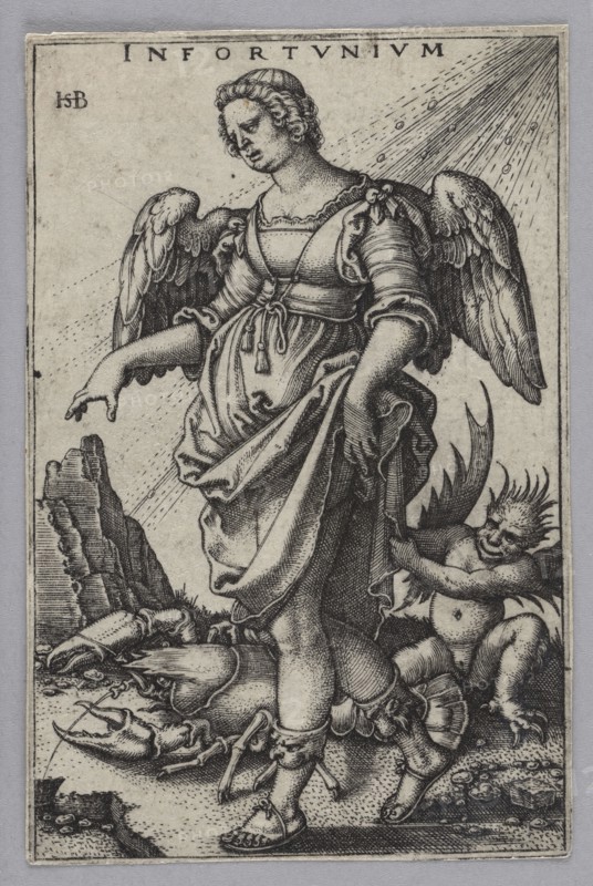 Misfortune, Beham, Sebald 1500–1550 author, German culture, Renaissance style, personifications iconography, crayfish, allegories, German graphic art, Satan iconography, rocks, 16th century, graphic art, graphic print, height 7.9 cm, width 5.1 cm, A grayscale engraving shows a winged, robed figure standing in the center with a downward gaze, curly hair, detailed feathered wings, and flowing garments with tied sash and layered folds; the figure’s arms extend outward and draped fabric hangs from one hand. At the figure’s feet are a few broken armor pieces and a large crustacean-like shell, and a small winged creature with spiky hair clings to the robe while crouching to the side. The ground is textured with rocks and pebbles, and a rocky outcrop rises behind the figure. Radiating lines from the upper corner suggest streaks of light. The visible colors are shades of black, white, and gray.