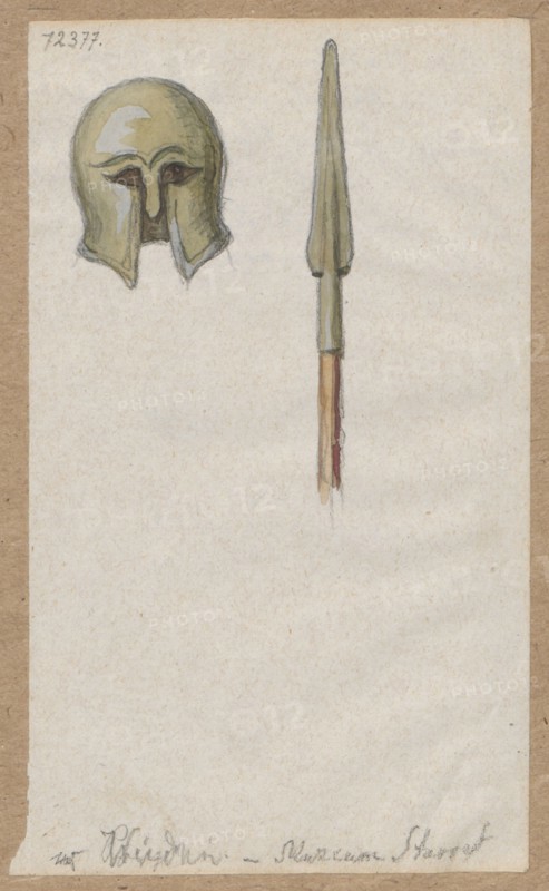 Greek spearhead and helmet, drawing, ca. 1876, pen-and-ink and wash on paper glued to brown cardboard; drawing 12.9 x 7.6 cm, cardboard 34.8 x 25.0 cm; Vienna., A hand-drawn image on a pale, textured sheet shows a metallic helmet and a spear. The helmet is rendered in shades of muted yellow-green with darker shadows and subtle gray highlights, featuring a rounded dome and downward flaring cheek guards with an angular central ridge suggesting eye openings. To the right, a spear with a tapered metal head in similar yellow-green tones sits atop a wooden shaft colored in light brown and reddish-brown, with soft gray shading along edges. The paper background is off-white with a beige border, and the drawing has faint pencil outlines and shading.