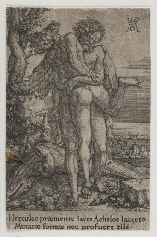 Hercules Fighting with Achelus, Aldegrever, Heinrich ca. 1502-1555 aut. 1561 graphic artist/author; subject: Hercules mythology battling Achelous; mythological scene with heroes, male nudes; materials/technique: graphic art/graphic print 1st edition, 1550; dimensions: height 10.1 cm, width 6.4 cm; style/culture: German; imagery: fight, clubs, trees, river gods, river, crocodiles/animals, landscape., The image shows a monochrome etching of two male figures standing closely together, one facing forward and the other turned slightly, both with curly hair and muscular bodies, their arms wrapped around each other. One figure appears to have a draped fur or pelt over parts of his body. Behind them on the left is a large tree with visible bark texture and foliage, and below them on the left is a large reptilian creature with textured scales and a visible head near the bottom edge. The ground around their feet is rocky with scattered small rounded objects and a broken spear or pointed object n...