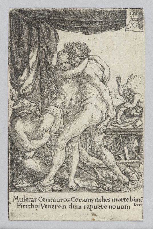 Hercules defending Hippodamia against centaurs, Aldegrever, Heinrich ca. 1502–1555/1561 graphic artist, author; Hercules mythology; Hippodamia mythology; centaurs mythology; mythological scenes; German culture; Renaissance style; clubs; fight; kidnappings; mythological figures; nudes; male nudes; female nudes; attributes; cold weapons; 1550 1st edition; graphic print; height 10.3 cm; width 7 cm, A detailed monochrome illustration shows a central pair of intertwined nude human figures embracing, with curly hair and visible musculature; their bodies are closely pressed together and one figure's arm wraps around the other's shoulders. To the left, a satyr-like creature with horns sits on the ground reaching toward one of the central figures, partially obscured by draped fabric that hangs from a canopy above. On the right, a reclining figure leans over a raised surface covered with cloth and objects, while in the foreground there are scattered organic shapes and a few animal carcasses or s...