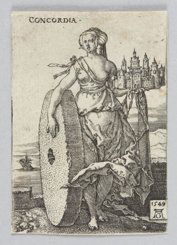 Concordia, from the series: Allegorical Figures, Aldegrever, Heinrich ca. 1502-1555 aut. 1561 graphic artist, allegories, German, Renaissance, German graphics, attributes, figures with attributes, personifications iconography, castles architectural, Concord personification/allegory, women, landscapes, mill wheels, 1549 1st edition, graphic print, height 6.9 cm, width 4.9 cm, A monochrome engraving shows a standing female figure draped in flowing garments, with a head covering and exposed shoulder, holding a large oval shield with one hand and a small model of a fortified city with the other; the figure stands on textured ground with a few small seashells near her feet, a small sailing ship is visible on the water in the background, and a distant shoreline and hills appear behind the figure; the image primarily contains shades of black, gray, and off-white.