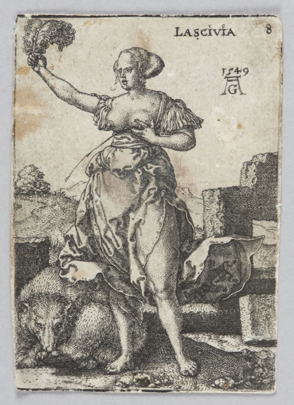Lascivia, from the series: Allegorical Figures, Aldegrever, Heinrich ca. 1502-1555 aut. 1561 graphic artist/author, allegories, German culture, Renaissance style, personifications iconography, German graphics, animals, attributes, figures with attributes, sensuality allegory, badgers zool., Debauchery allegory, Debauchery personification, 1549 1st edition, graphic print, height 7.1 cm, width 5 cm, A standing woman with light skin tones rendered in ink wears a flowing dress with visible folds and ruffled sleeves, one arm raised holding a feathered object and the other hand touching her chest; her hair is pulled back into a bun. The scene includes a large curled animal with fur lying at her feet, a textured ground beneath them, and ruins or stacked stone blocks to one side. The background shows distant hilly terrain and sparse vegetation. The image palette is monochrome black ink on an off-white, slightly aged paper with spots of brown discoloration.