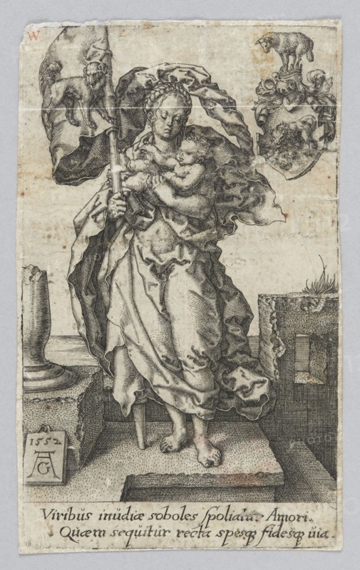 Love of One's Neighbor, from the series Virtues and Vices; Heinrich Aldegrever ca. 1502–1555/1561; allegory/personification of Caritas Charity; German, Renaissance; 1552 1st edition; graphic print; iconography: personifications, figures with attributes, banners, coats of arms, dogs, sheep, children, ruins; dimensions: height 10.1 cm, width 6.2 cm., A monochrome engraved image of a standing robed female figure holding a young child close to her chest, both rendered with detailed line work and shading; the woman wears flowing drapery and a head covering that billows behind her, and she supports the child with one arm while grasping a long staff with the other. The scene includes architectural elements at the figure’s feet, such as a stone platform and carved blocks, and a broken column base to the left. In the upper right is a heraldic-style shield topped by a decorative helmet and animal motif, while the upper left shows a cloth or banner with an animal figure. The background and border...