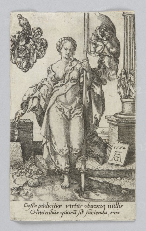Purity, from the series Virtues and Vices; Heinrich Aldegrever ca. 1502–1555/1561, graphic artist; German, Renaissance; allegorical personification of Purity with attributes including banners, figures with attributes, birds, a unicorn, and angels; architectural columns; 1552 1st edition; graphic print; height 10.1 cm, width 6.1 cm., A monochrome etched scene shows a barefoot woman standing frontally, draped in flowing robes that reveal parts of her torso and legs; she holds a long vertical staff with one hand while the other hand gestures outward. Her hair is styled in a braided updo and her facial expression is neutral. To her right is a tall fluted column with a small sculptural group near its base and drapery hanging behind the staff. To her left near the top is an ornate heraldic crest featuring a bird perched on elaborate scrollwork. The ground beneath her feet is uneven with textured rocks and vegetation, and architectural stone blocks and ledges appear behind and beside her. The...