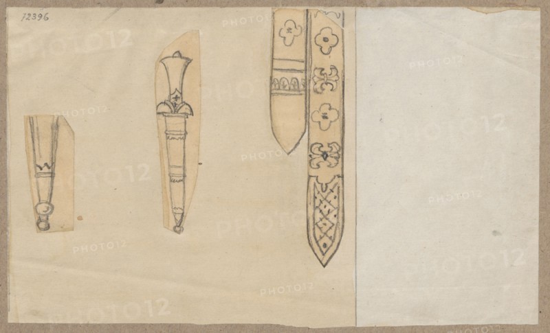 Daggers tulichy; Aleksander Lesser 1814–1884, author/illustrator; sketch on a sheet of paper glued by the upper edge to gray cardboard; drawing/sketch, 1830–1884; pen/ink or drawing medium; card: 11.1 × 18.4 cm; cardboard: 34.7 × 25.1 cm; militariya/edged weapons subject., The image shows a sheet with a few vertical sketch fragments adhered to it, each depicting elongated pointed shapes and decorative motifs drawn with pencil and shaded with light brown wash on a beige background; one larger vertical drawing along the right edge displays a long pointed strip with repeating floral-like ornaments and a crosshatched pattern at the tip, while two narrower fragments toward the left show variations of tapered forms with ornamental tops and small rounded terminations; the paper mounting and adhesive edges are visible, and colors present include beige, light brown, off-white, grey, and faint black from the pencil lines.
